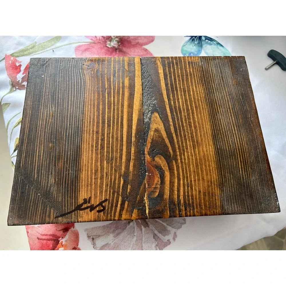 Vintage Handcrafted Parquetry Wood Jewelry Box with Mirror Ring Rolls Signed
